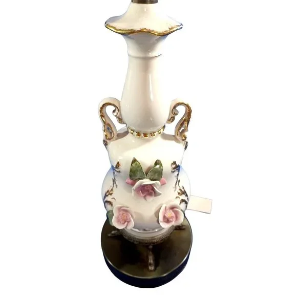 Vintage Rose 28" Capodimonte ? Amphora Vase Floral 22k Gold Porcelain Table Lamp - Picture 5 of 9